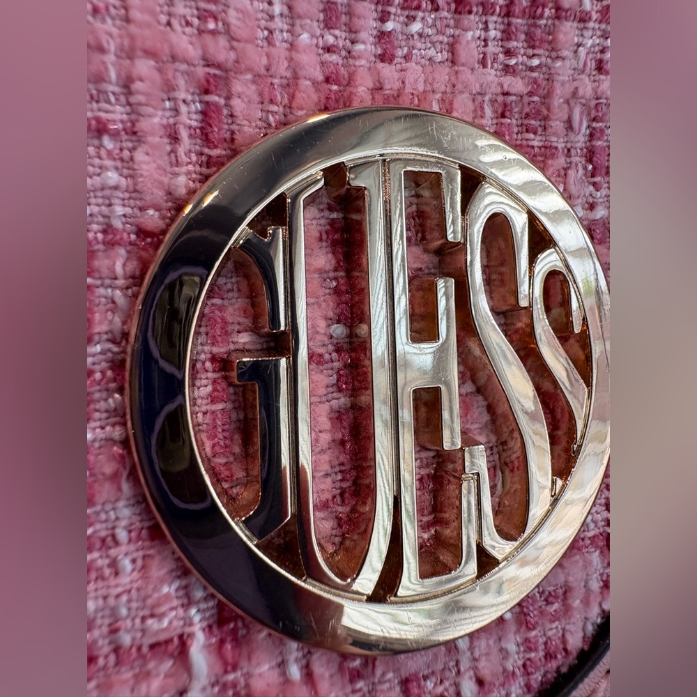 GUESS | Pink Gingham Tweed Crossbody Bag with Leather Trim - Picture 3 of 17